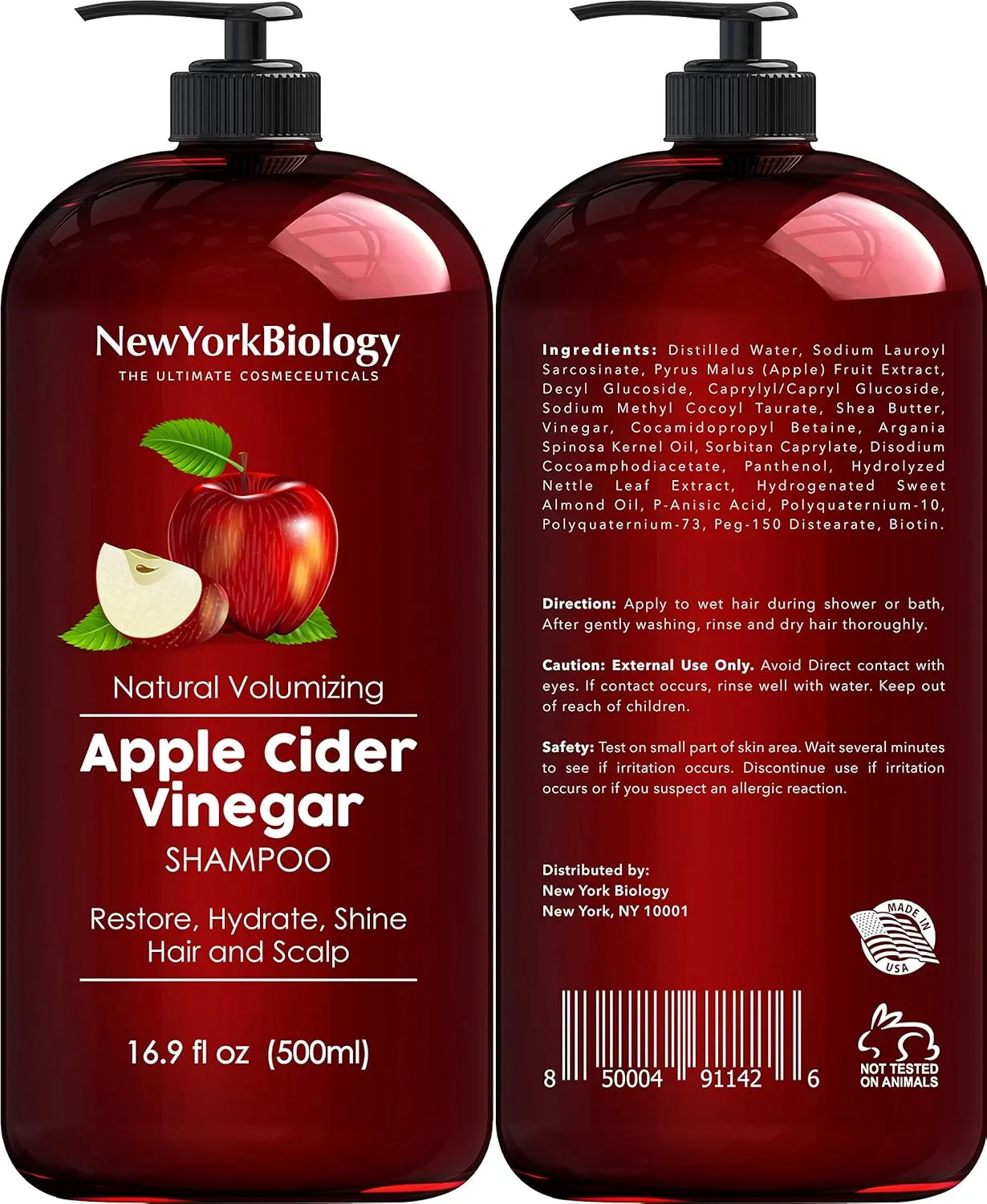 New York Biology Apple Cider Vinegar Shampoo and Coconut Avocado Oil Conditioner Set - Helps Restore Shine, Hair Gloss and Hydration for Dry Hair & Itchy Scalp - Clarifying & Nourishing - 16.9 Fl Oz