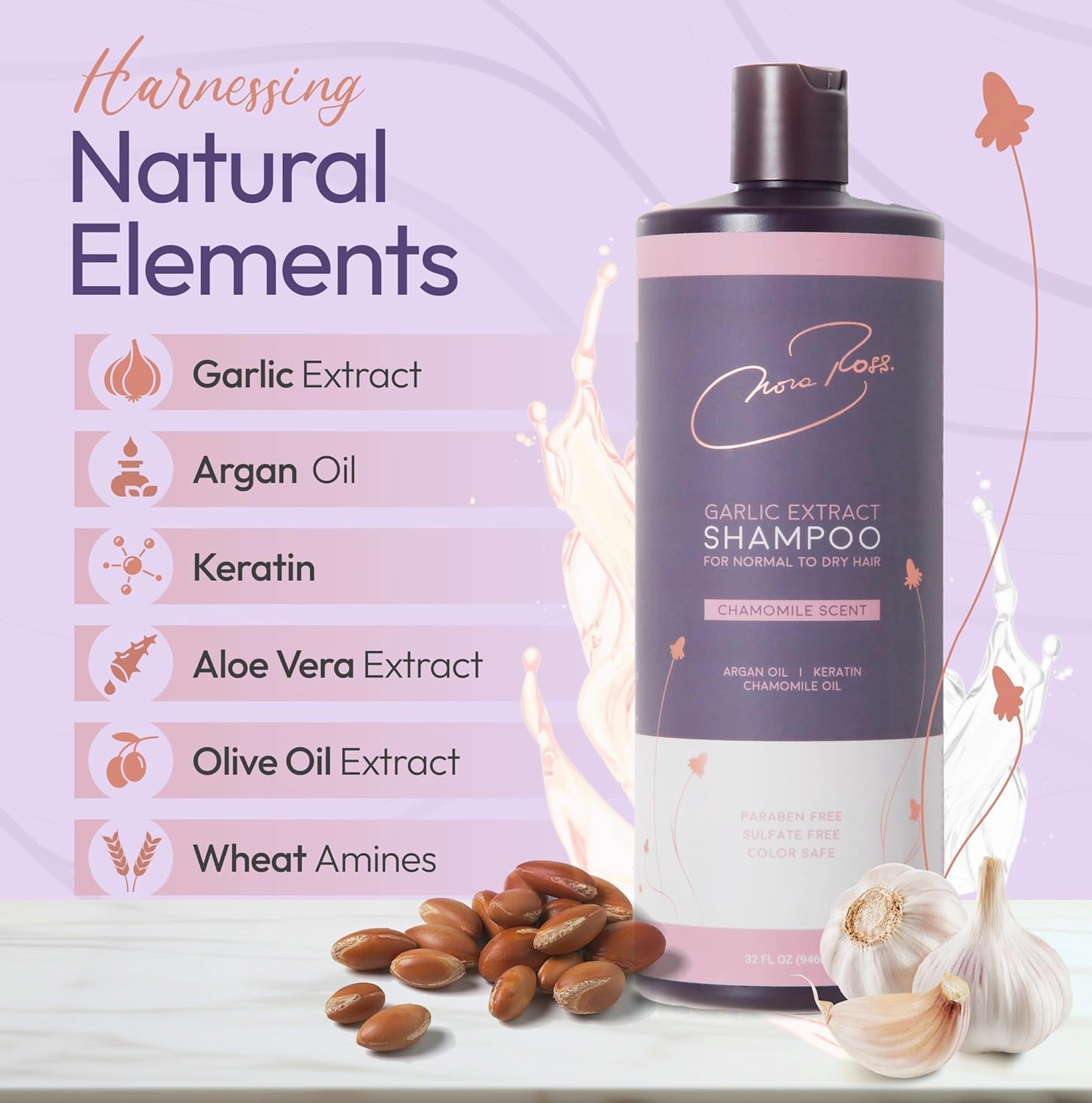 Nora Ross Garlic Shampoo for Oily Hair & Scalp Care, Hair Moisturizing & Deep Cleansing with Chamomile Scent, Clarifying Shampoo with Aloe Vera, Argan Oil & Wheat Amino Acids, 32 Oz