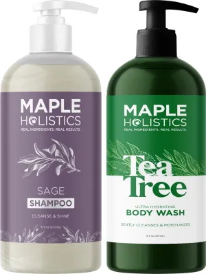 Nourishing Body Wash and Shampoo Set - Sulfate Free Sage Shampoo for Build Up and Scalp Care and Moisturizing Body Wash for Dry Skin - Clarifying Shampoo and Tea Tree Body Wash for Men and Women 16oz
