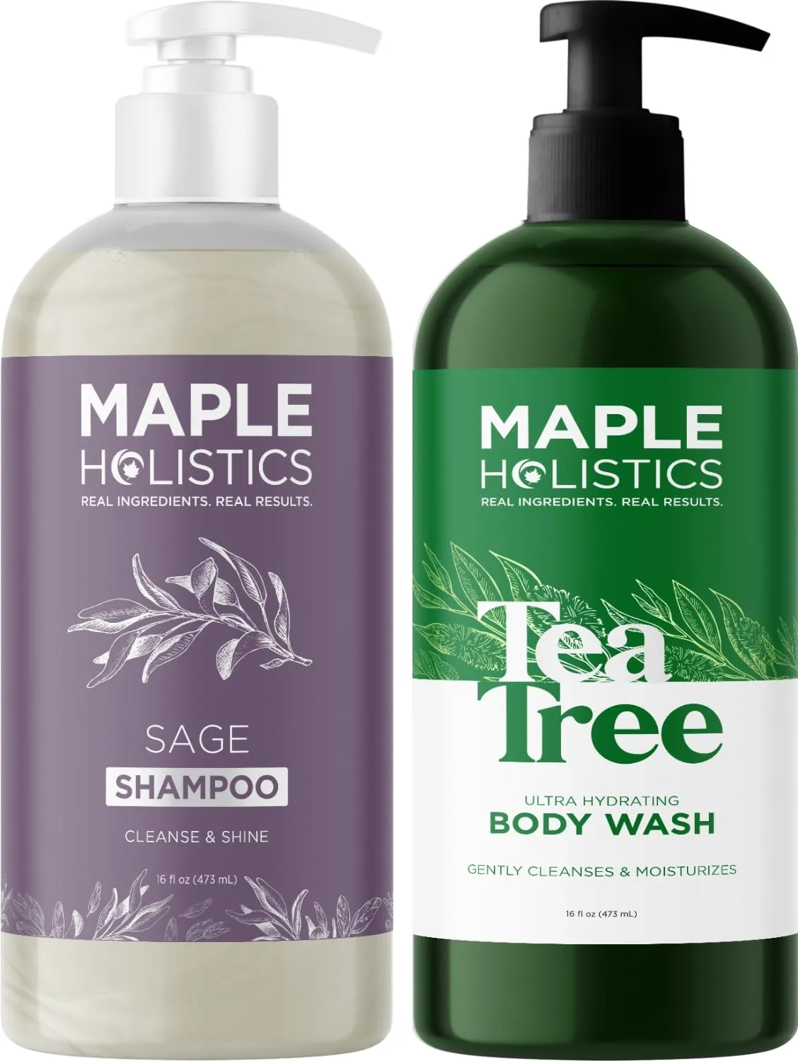 Nourishing Body Wash and Shampoo Set - Sulfate Free Sage Shampoo for Build Up and Scalp Care and Moisturizing Body Wash for Dry Skin - Clarifying Shampoo and Tea Tree Body Wash for Men and Women 16oz