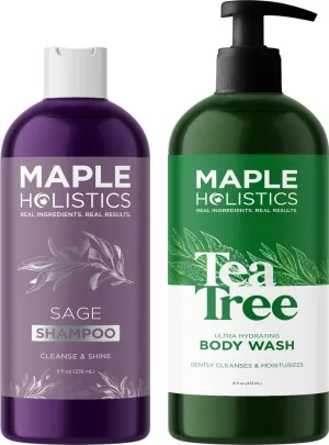 Nourishing Body Wash and Shampoo Set - Sulfate Free Sage Shampoo for Build Up and Scalp Care and Moisturizing Body Wash for Dry Skin - Clarifying Shampoo and Tea Tree Body Wash for Men and Women