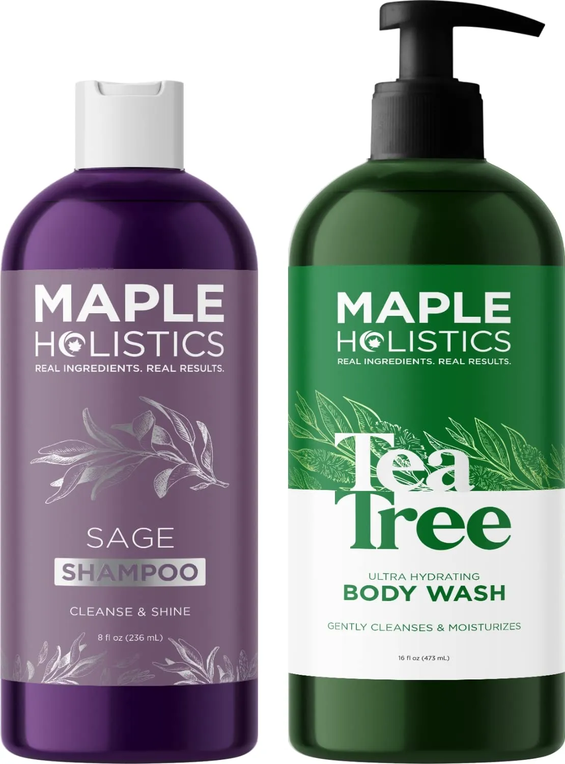 Nourishing Body Wash and Shampoo Set - Sulfate Free Sage Shampoo for Build Up and Scalp Care and Moisturizing Body Wash for Dry Skin - Clarifying Shampoo and Tea Tree Body Wash for Men and Women