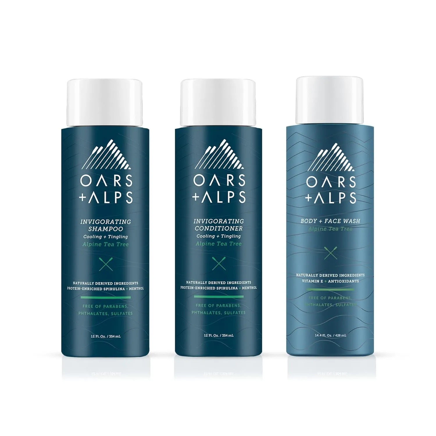 Oars   Alps Men's Sulfate Free Hair Shampoo, Conditioner, and Body Wash Kit, Moisturizing Skin Care Infused with Witch Hazel and Tea Tree Oil, Alpine Tea Tree Scent
