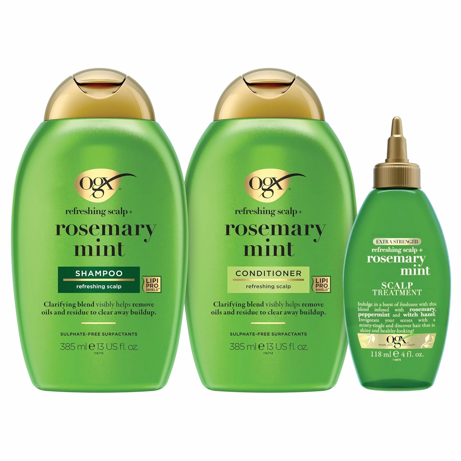 OGX Bundle: Clarifying Strength   Rosemary Mint Shampoo & Conditioner, 13 fl. oz each, plus Extra Strength Scalp Treatment, 4 fl. oz. Removes oil, scalp buildup, and adds shine.
