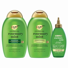 OGX Bundle: Clarifying Strength   Rosemary Mint Shampoo & Conditioner, 13 fl. oz each, plus Extra Strength Scalp Treatment, 4 fl. oz. Removes oil, scalp buildup, and adds shine.