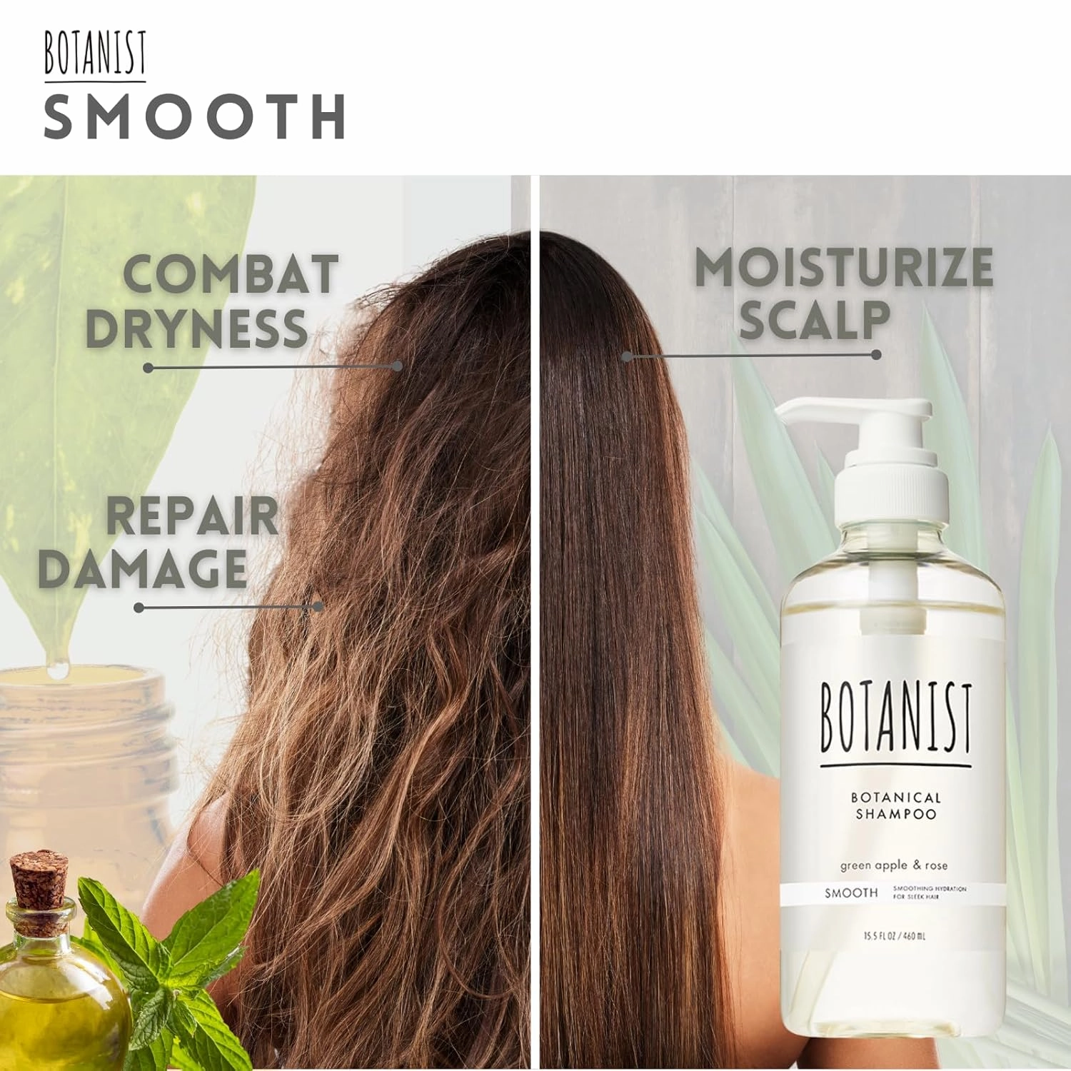 Organic Shampoo for Dry Frizzy Hair, Anti Frizz Shampoo with Macadamia Nut & Argan Oil for Women & Men & Kids, Silicone & Paraben Free, From Japan, SMOOTH, Green Apple & Rose,15.5 Fl Oz, 2EA