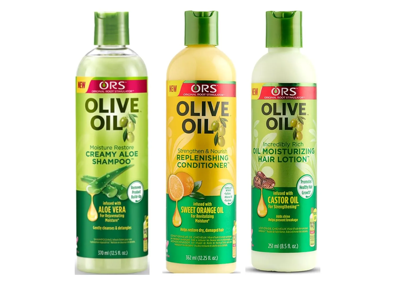 ORS Olive Oil Moisture Restore Creamy Aloe Shampoo - Strengthen & Nourish Replenishing Conditioner - Moisturizing Hair Lotion - Bundle