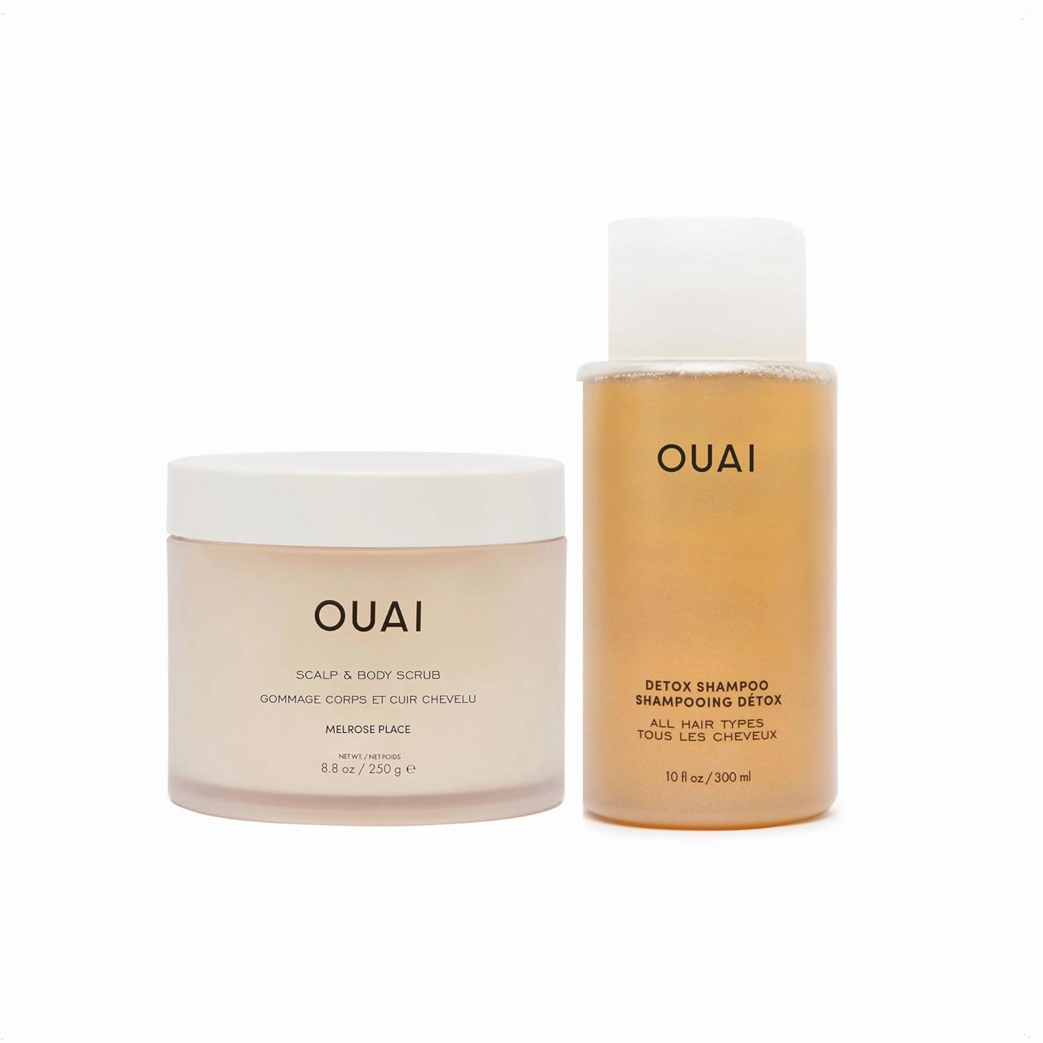 OUAI Detox Duo - Clarifying Detox Shampoo with Apple Cider Vinegar & Keratin   Foaming Scalp & Body Scrub Exfoliator that Cleanses and Removes Buildup - Sulfate-Free Hair Care (2 Count, 10 oz/8.8oz)