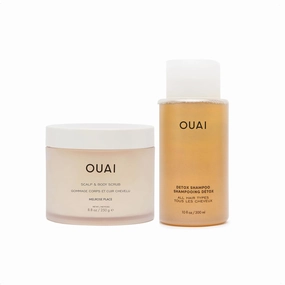 OUAI Detox Duo - Clarifying Detox Shampoo with Apple Cider Vinegar & Keratin   Foaming Scalp & Body Scrub Exfoliator that Cleanses and Removes Buildup - Sulfate-Free Hair Care (2 Count, 10 oz/8.8oz)