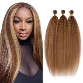 P4/27 Brown Bundles Human Hair Yaki Straight Bundles 18 20 22 Inch Human Hair Weave 3 Bundle Unprocessed Brazilian Virgin Hair Blonde Kinky Straight Human Hair Extensions 50 Grams/Bundle