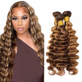 P4/27 Highlight Blonde Bundles Human Hair Deep Wave Bundles 12 14 16 Inch Human Hair Weave 3 Bundle Unprocessed Brazilian Virgin Hair Brown Deep Wave Human Hair Extensions 50 Grams/Bundle