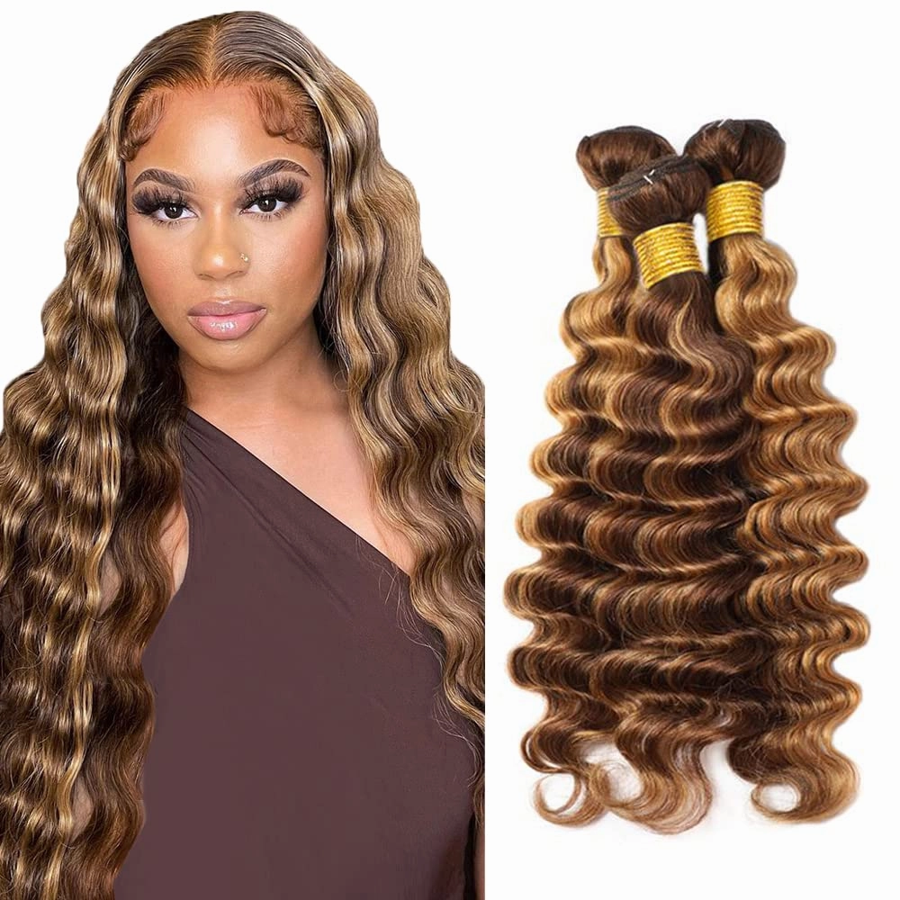 P4/27 Highlight Blonde Bundles Human Hair Deep Wave Bundles 12 14 16 Inch Human Hair Weave 3 Bundle Unprocessed Brazilian Virgin Hair Brown Deep Wave Human Hair Extensions 50 Grams/Bundle