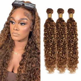 P4/27 Highlight Blonde Bundles Human Hair Water Wave Bundles 12 14 16 Inch Human Hair Weave 3 Bundle Unprocessed Brazilian Virgin Hair Brown Water Wave Human Hair Extensions 50 Grams/Bundle