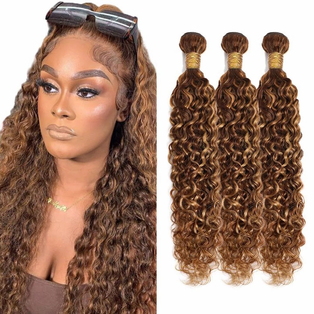 P4/27 Highlight Blonde Bundles Human Hair Water Wave Bundles 12 14 16 Inch Human Hair Weave 3 Bundle Unprocessed Brazilian Virgin Hair Brown Water Wave Human Hair Extensions 50 Grams/Bundle