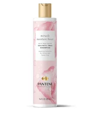Pantene Sulfate Free Shampoo, Rose Water Shampoo for Dry Hair, Nutrient Blends Miracle Moisture Boost, 9.6 fl oz, Pack of 4