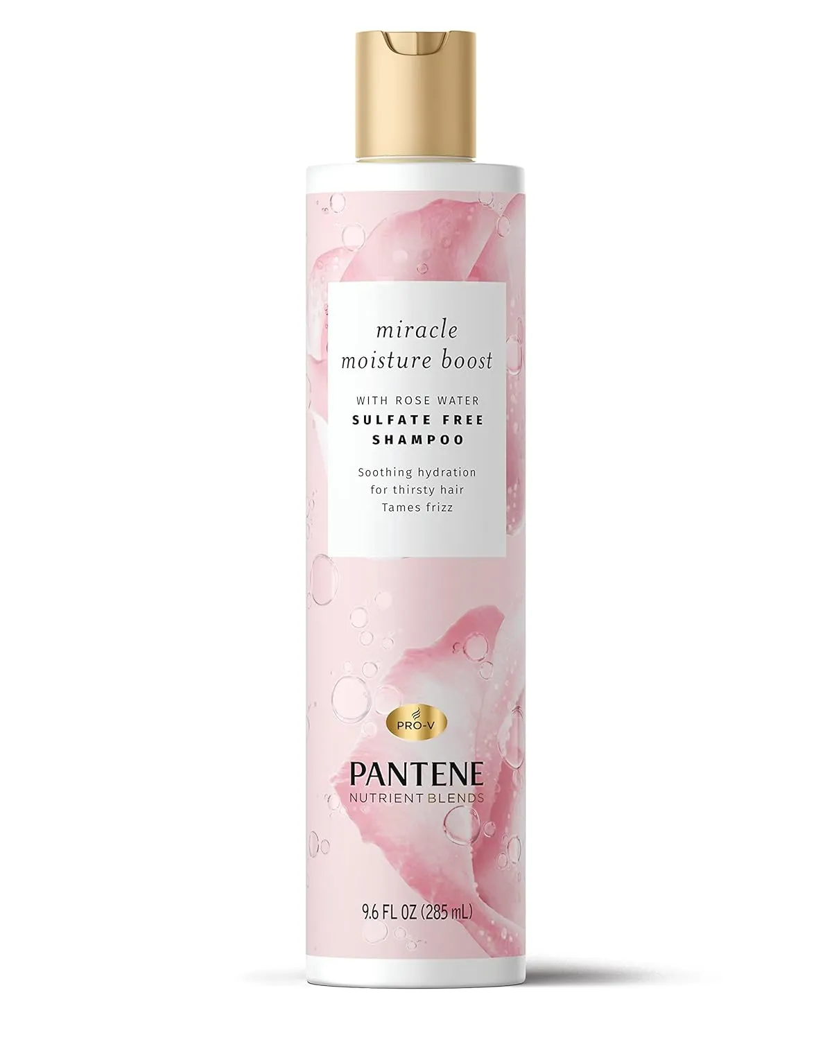 Pantene Sulfate Free Shampoo, Rose Water Shampoo for Dry Hair, Nutrient Blends Miracle Moisture Boost, 9.6 fl oz, Pack of 4