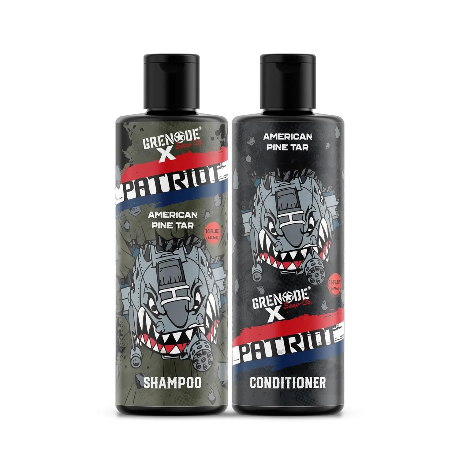 Patriot American Pine Tar Shampoo & Conditioner Set for Men by Grenade Grooming, Soothes Dry Flaky Itchy Scalp, Armed Forces & Military Enthusiasts Gift, American Made 16oz 2 Pack
