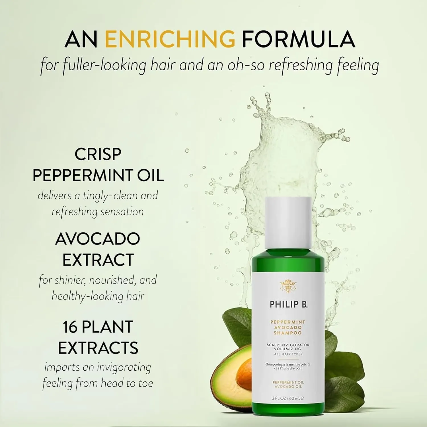 PHILIP B Peppermint Avocado Shampoo, 2 fl. oz. (60 ml) - Volumizing & Clarifying Shampoo for Dry to Oily Hair and Scalp, Non-Stripping