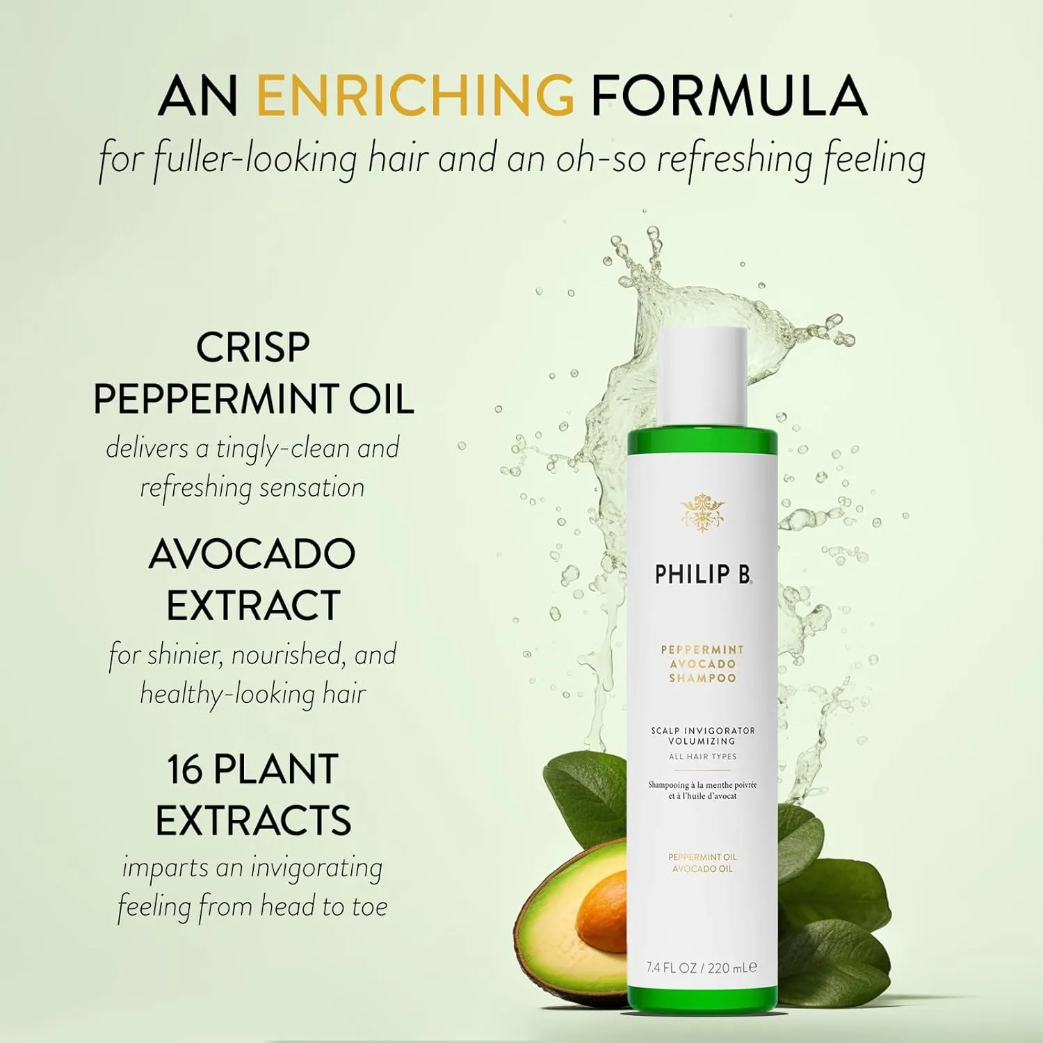PHILIP B Peppermint Avocado Shampoo, 7.4 fl. oz. (220 ml) - Volumizing & Clarifying Shampoo for Dry to Oily Hair and Scalp, Non-Stripping