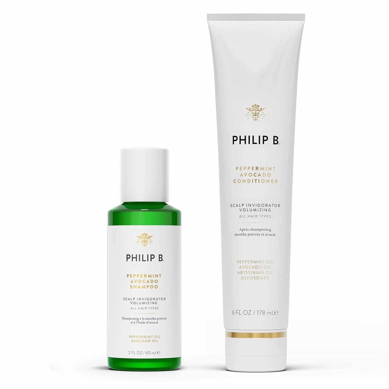 PHILIP B. Peppermint Avocado Conditioner 6oz   Peppermint Avocado Shampoo 2oz Set - Volumizing & Clarifying, Peppermint Oil and Eucalyptus Invigorates the Scalp With a Tingly Sensation