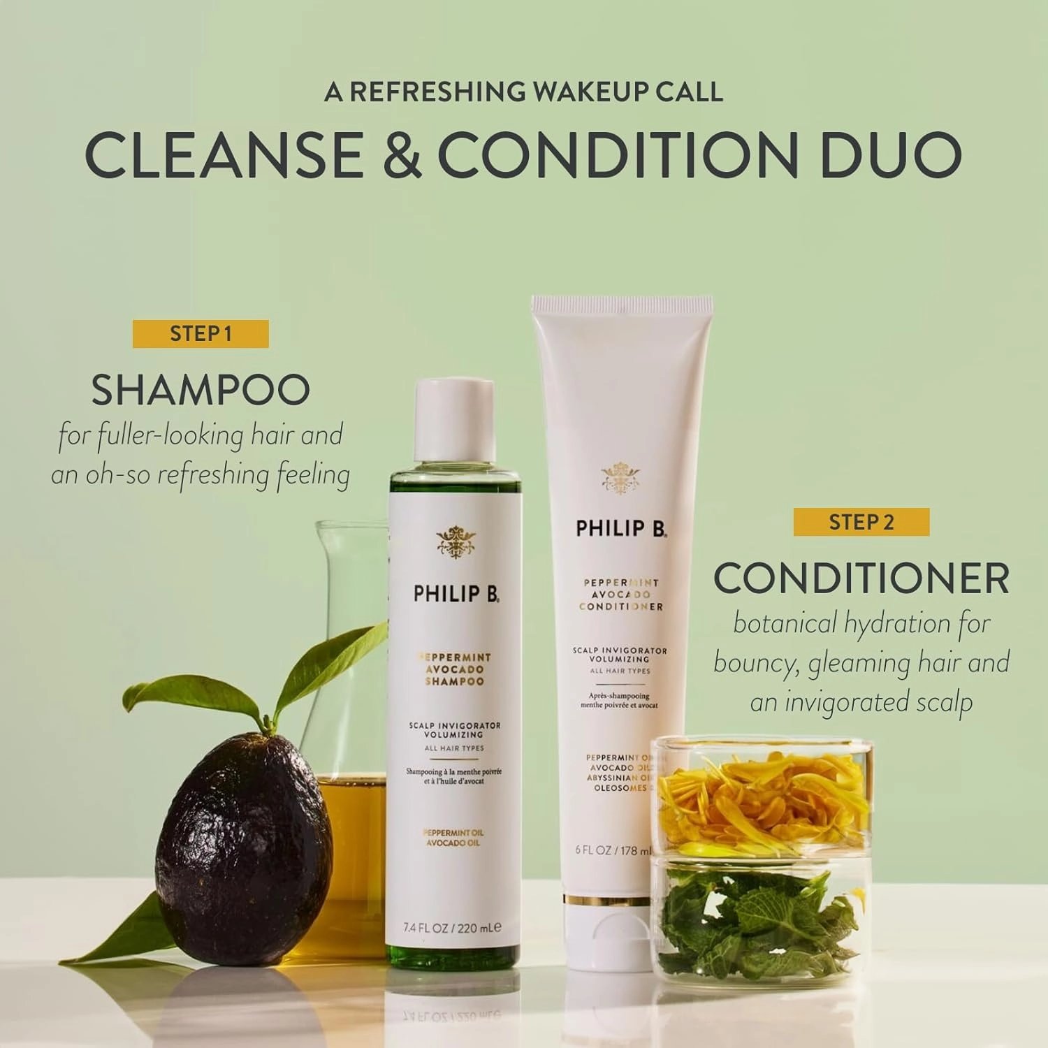 PHILIP B. Peppermint Avocado Scalp Invigorating Kit - Includes Shampoo (7.4 oz), Conditioner (6 oz) and Scalp Massager