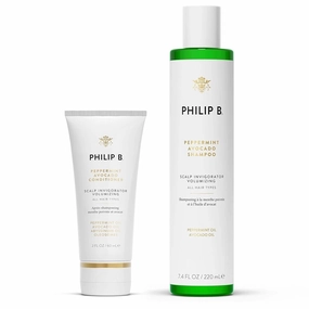 PHILIP B. Peppermint Avocado Shampoo 7.4oz   Conditioner 2oz Set - Volumizing & Clarifying, Eucalyptus Invigorates the Scalp With a Tingly Sensation