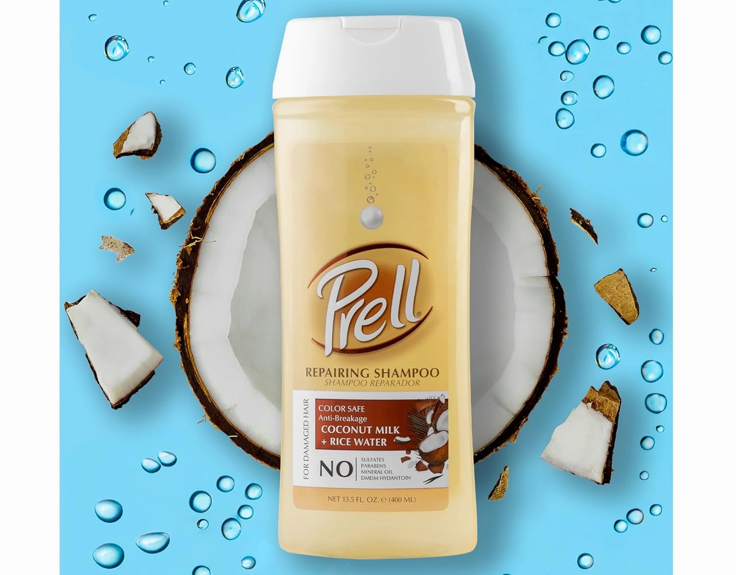 Prell Coconut Milk   Rice Water Color Safe Anti-Breakage Repairing Shampoo for Damaged Hair, 13.5 fl.oz (Pack of 2)