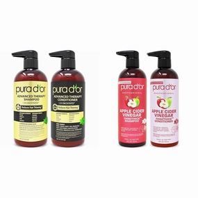 PURA D'OR Anti-Thinning Advanced Therapy Biotin Shampoo & Conditioner Hair Care Set & Apple Cider Vinegar Thin2Thick Set (16oz x 2) ACV Shampoo & Conditioner, Clarifying