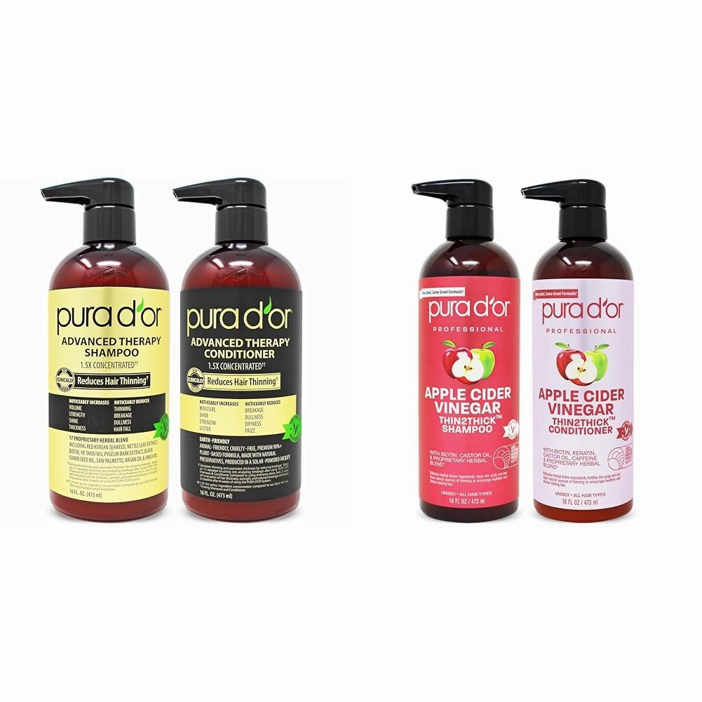 PURA D'OR Anti-Thinning Advanced Therapy Biotin Shampoo & Conditioner Hair Care Set & Apple Cider Vinegar Thin2Thick Set (16oz x 2) ACV Shampoo & Conditioner, Clarifying