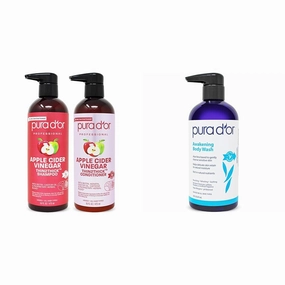 PURA D'OR Apple Cider Vinegar Thin2Thick Set (16oz x 2) ACV Shampoo & Conditioner & Awakening Body Wash (16oz) with Aloe Vera, Chamomile, Lavender, Tea Tree and Natural