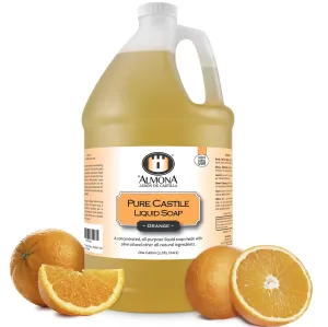 Pure Castile Liquid Soap, ORANGE, 1 Gallon - Multipurpose: Hands, Face, Body, Laundry, Dishes & More - For Sensitive Skin, All-Natural Ingredients, Scented with Essential Oils