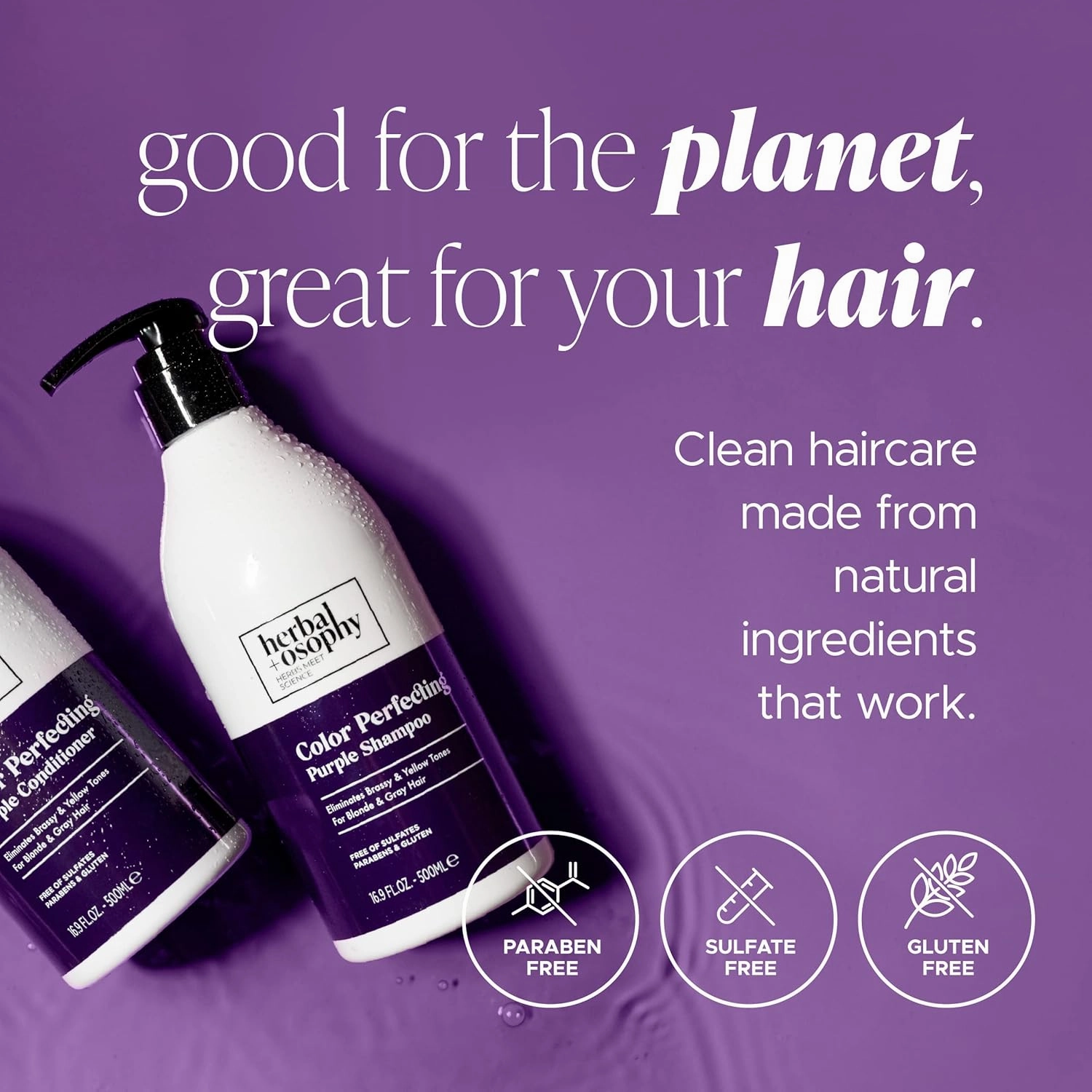 Purple Shampoo & Conditioner Set for Blonde Gray Hair, Eliminates Brassy and Yellow Tones, Infused with Cocos Nucifera Oil, Free of Sulfate, Parabens and Gluten, 2 x 16.9 Fl Oz