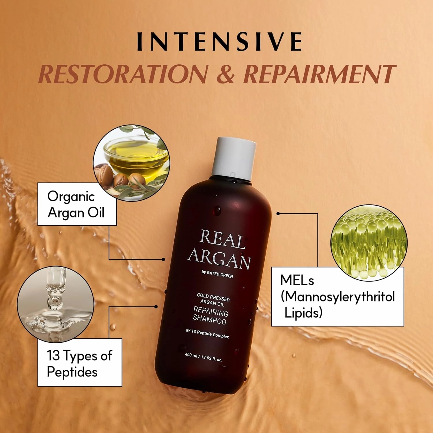 RATED GREEN REAL ARGAN Repairing Shampoo - Hair Strengthening Shampoo for Dry Damaged Hair | Organic Shampoo for Men & Women w/ 13 Peptide Complex | Hair Restore Shampoo for Dry Hair (13.52 fl oz)
