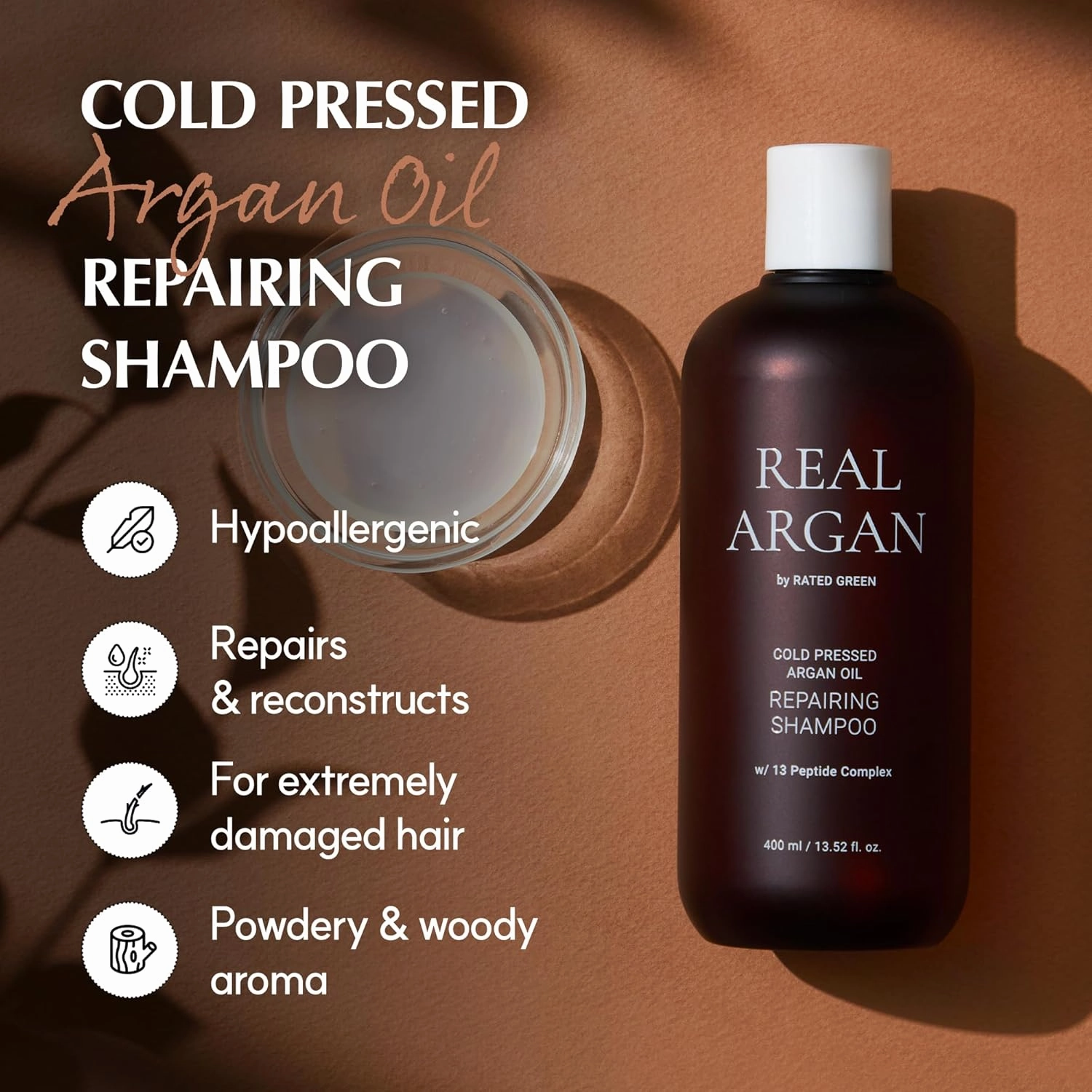 RATED GREEN REAL ARGAN Repairing Shampoo - Hair Strengthening Shampoo for Dry Damaged Hair | Organic Shampoo for Men & Women w/ 13 Peptide Complex | Hair Restore Shampoo for Dry Hair (13.52 fl oz)