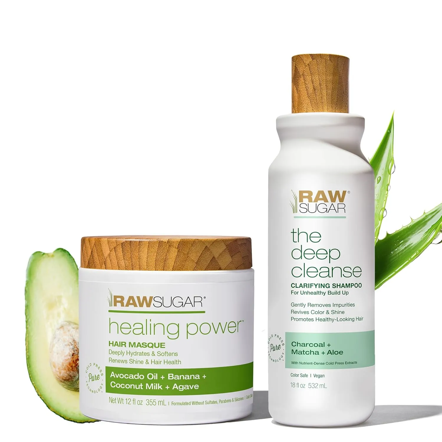 Raw Sugar The Deep Cleanse Shampoo and Healing Power Hair Mask Duo (2 Products) Removes Build-Up, Helps Hydrate and Repair Dry, Damaged Hair, A Restorative Haircare Bundle