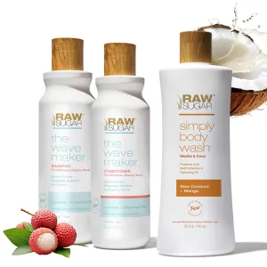 Raw Sugar The Wave Maker Shampoo and Conditioner Set and Coconut   Mango Body Wash (3 Products) Add Texture & Volume to Curly Hair, Cleanse and Revitalize Skin, Complete Haircare and Skincare Bundle