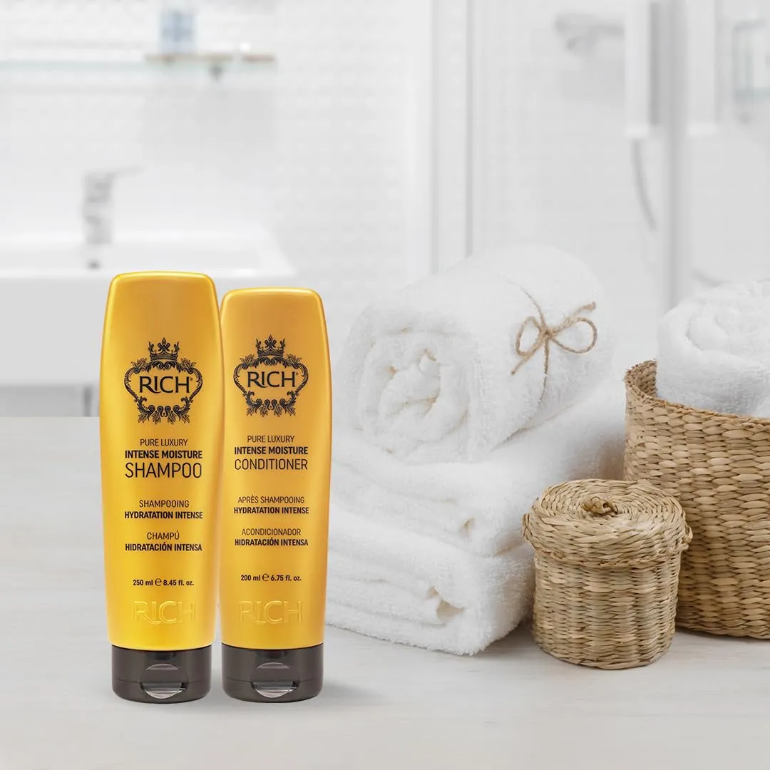 RICH Pure Luxury Intense Moisture Shampoo with Marula Oil & Cherry Blossom Extract for All Hair Types - Smoothing & Hydrating - Prevents Breakage, Heat Damage & Frizz - 8.45 Fl Oz.