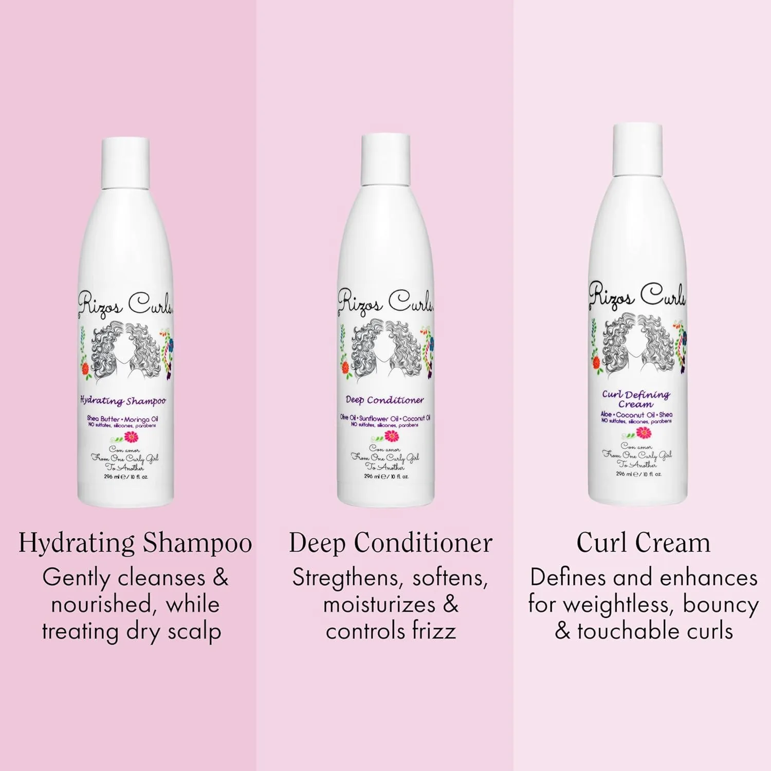 Rizos Curls Trio Bundle, Hydrating Shampoo & Deep Conditioner & Curl Cream Bundle, Gently Cleanse and Hydrate Curly Hair, Style & Define Curls for Frizz Free Volume, For All Curl Patterns 2a - 4c