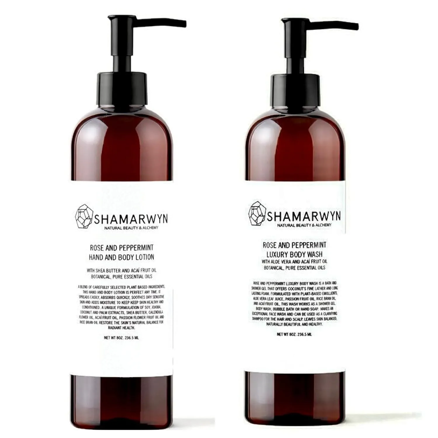Rose & Peppermint Body Gift Set – Luxury Body Wash & Lotion with Natural Organic Essential Oils – 8oz Each