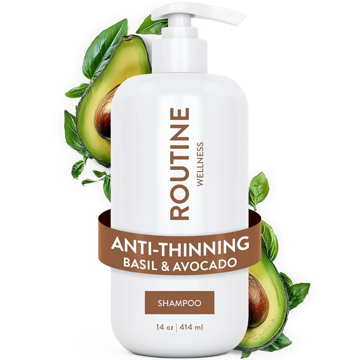 Routine Wellness Anti-Thinning Shampoo for Thinning Hair - Biotin DHT Blocker Women & Men - Color Safe Shampoo for Hair Loss & Healthy Hair - Basil & Avocado - 14oz