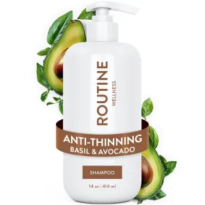 Routine Wellness Anti-Thinning Shampoo for Thinning Hair - Biotin DHT Blocker Women & Men - Color Safe Shampoo for Hair Loss & Healthy Hair - Basil & Avocado - 14oz