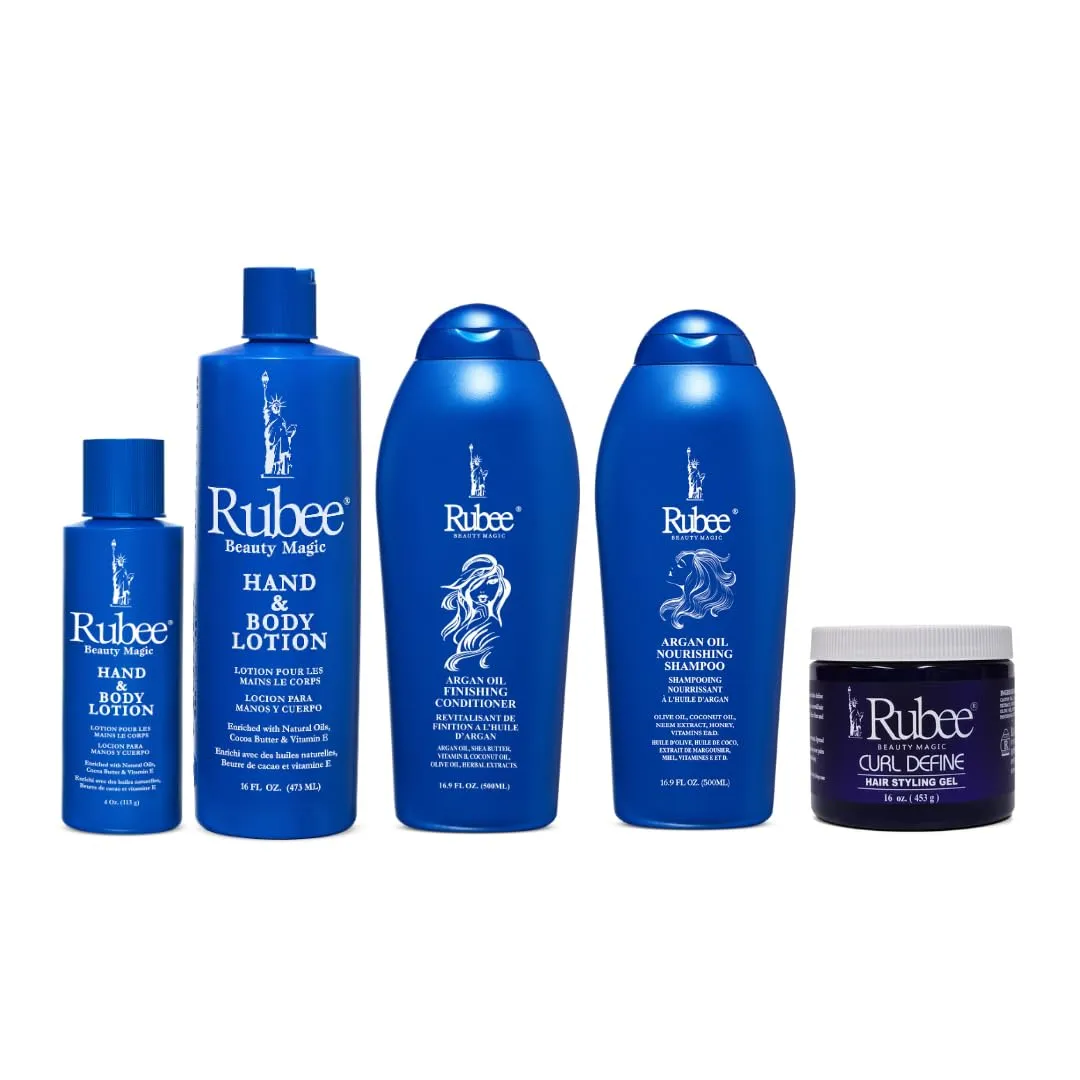 Rubee Pack of 5 Shampoo,Conditioner,Curl Define,Hair Styling Gel, Body and Hand Lotion (16 Oz) and (4 Oz) - Hair Care and Body Care - Skin Care Essentials