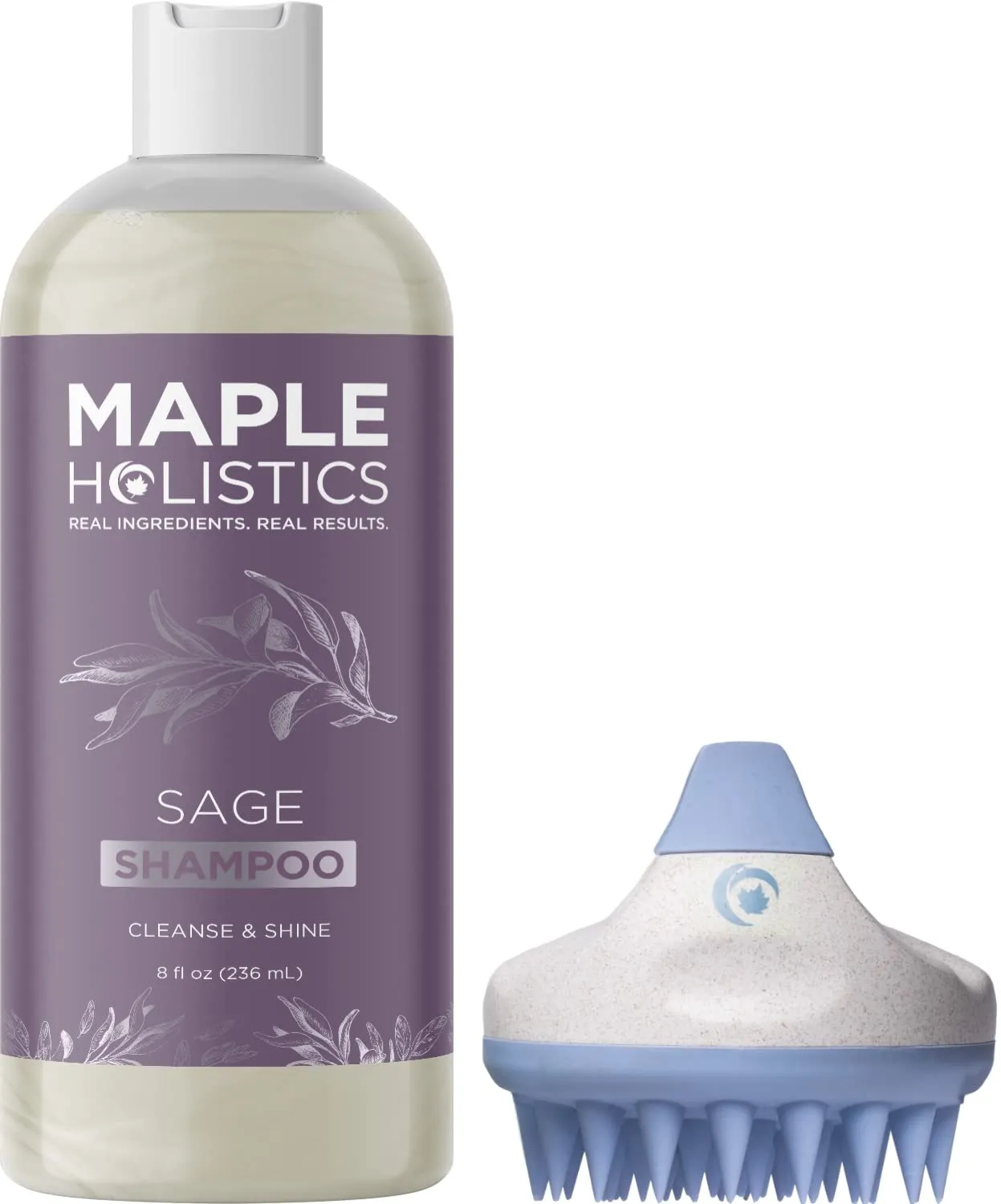 Sage Shampoo with Hair Shampoo Brush - In Shower Scalp Scrubber and Scalp Exfoliator Made with Recycled Wheat Straw and Soft Silicone plus Paraben and Sulfate Free Clarifying Shampoo for Build Up