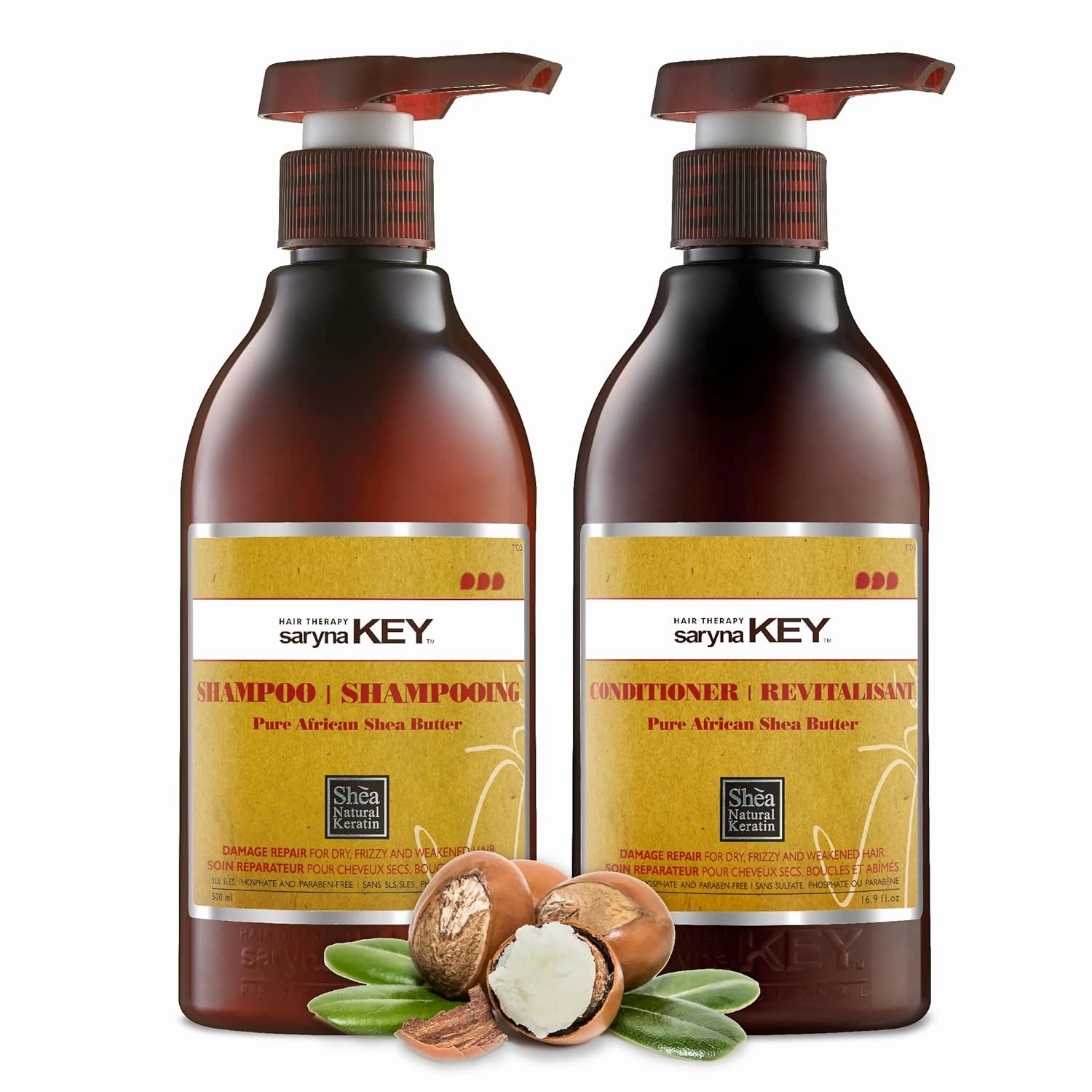 Saryna Key Damage Repair Treatment Shampoo and Conditioner Set with Pure African Shea Butter Hair Conditioner for Dry frizzy Damaged Hair - Moisturizing Hydrating Shampoo for Women, Men (500ml/16.9)