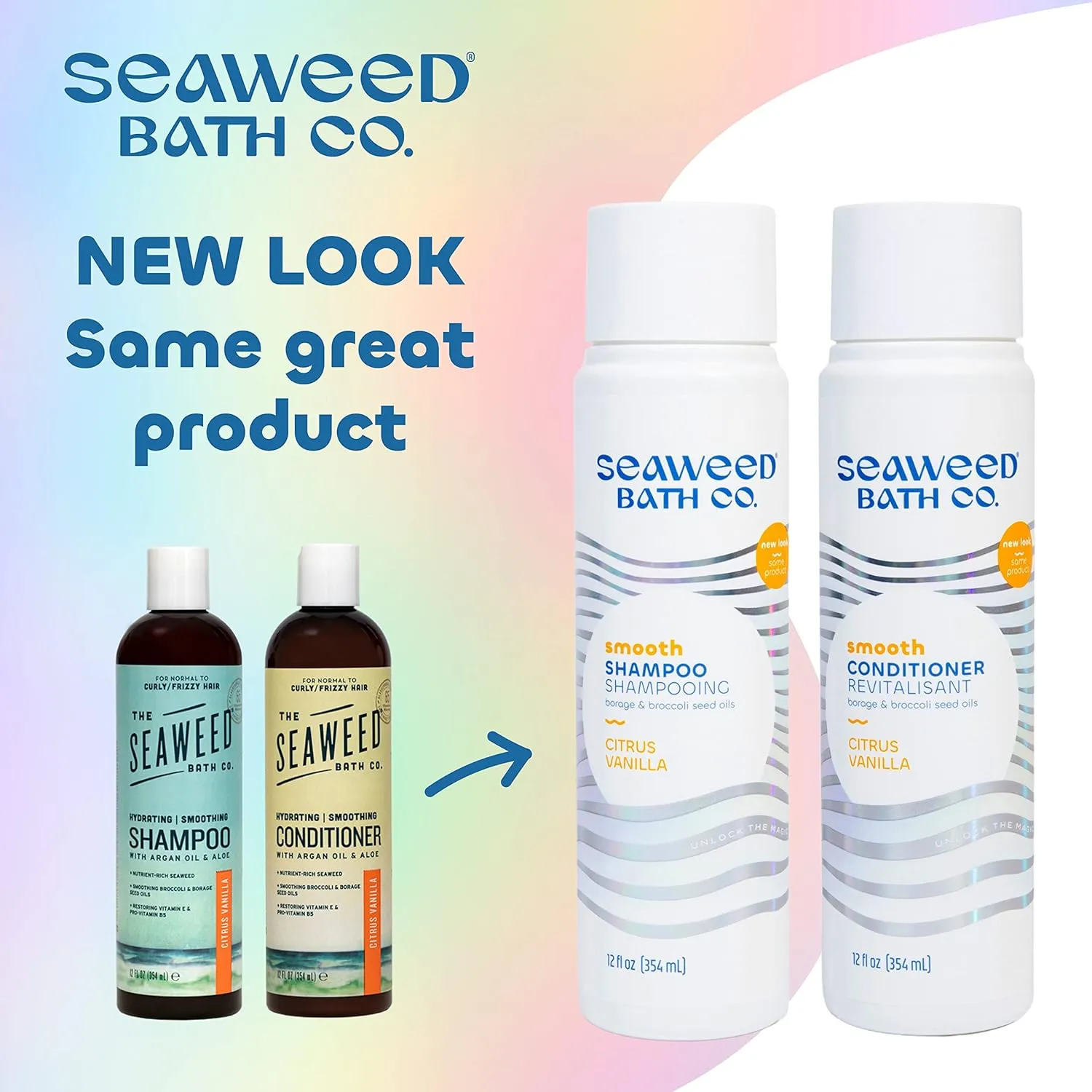 Seaweed Bath Co. Smooth Shampoo and Conditioner Set, Citrus Vanilla Scent, 12 Ounce (Pack of 2), Sustainably Harvested Seaweed, Borage and Broccoli Seed Oils, For Curly and Frizzy Fine Hair