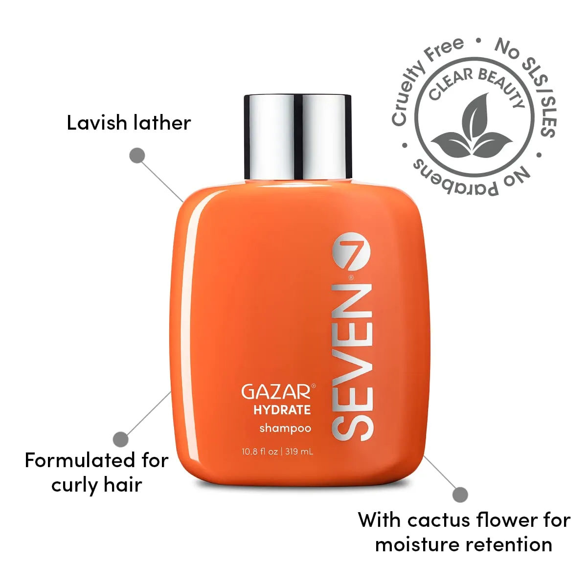 SEVEN Hair Care Gazar Hydrate Shampoo for Women & Men, Sulfate & Paraben Free, Cruelty Free with Pro Vitamin B5, Sugarcane   Moisturizing Cactus Flower for Dry Hair, Made in USA