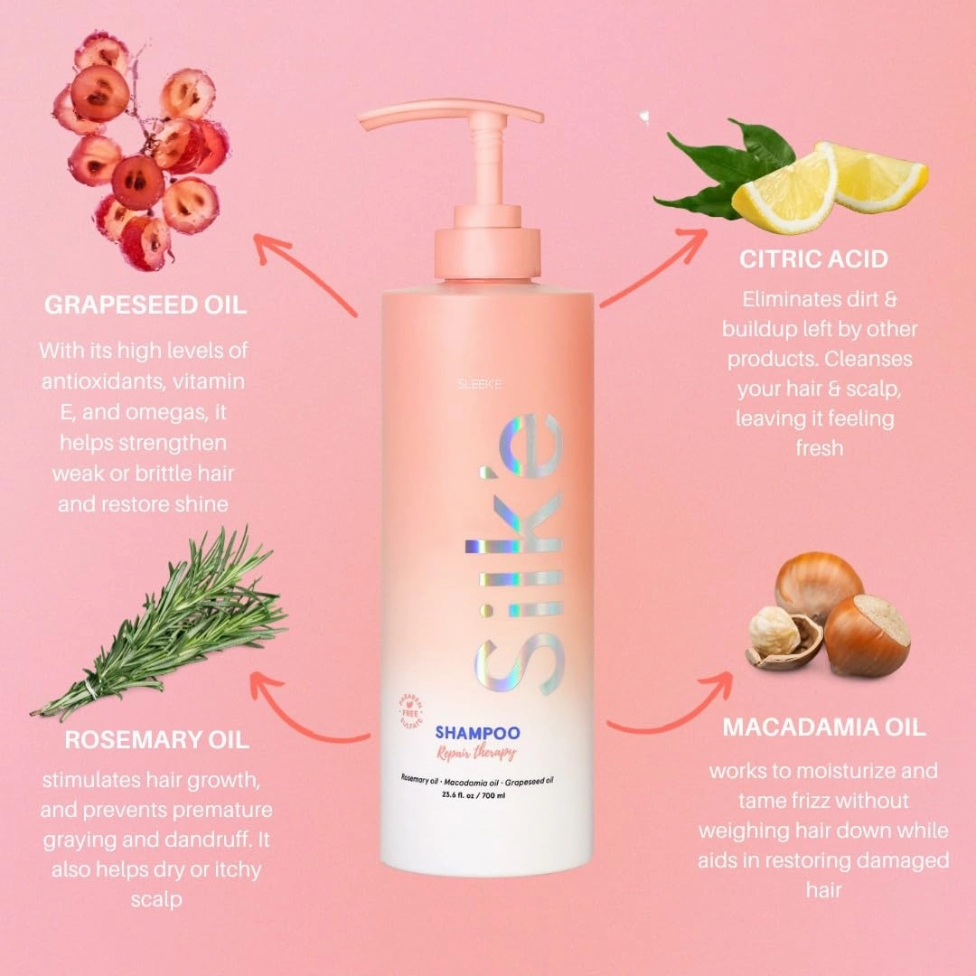 Silk'e Repair Therapy Shampoo 23.6 oz , clarifying and hydrating daily shampoo with Citric Acid, naturally stimulates healthy hair growth — without any parabens or sulfates!