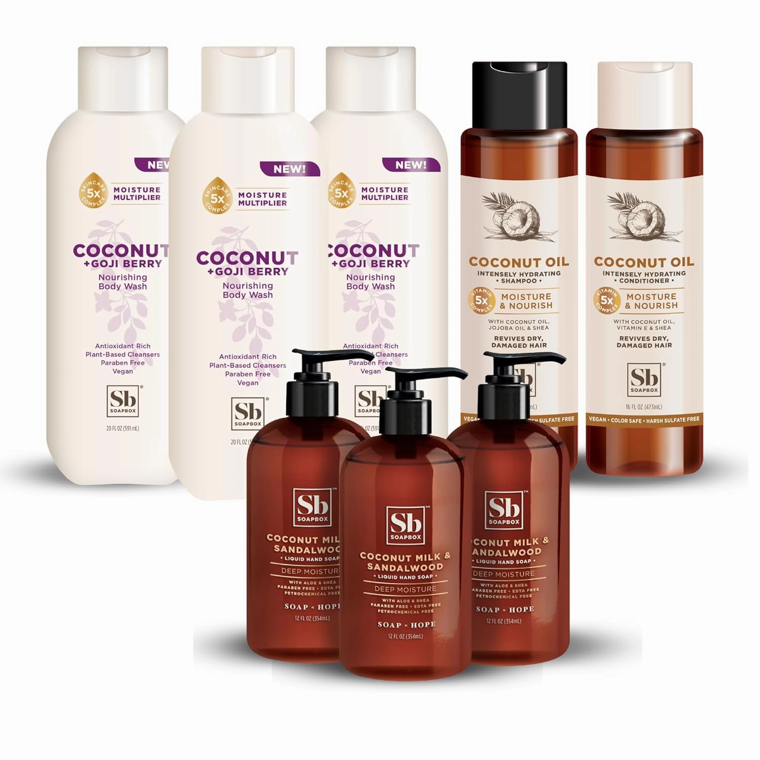 Soapbox Coconut Combo Set, 3 Pack of Liquid Hand Soap   16oz Shampoo   16oz Conditinoer   3 Pack of Body Wash