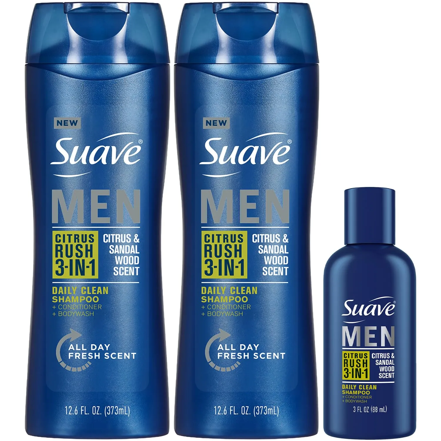 Suave Body Wash, Shampoo & Conditioner 3-in-1 for Men, Citrus Rush Bundle, Full-Size Twin Pack   1 Travel-Size (3 Piece Set)