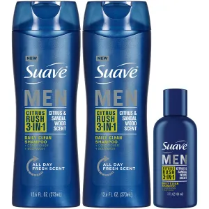 Suave Body Wash, Shampoo & Conditioner 3-in-1 for Men, Citrus Rush Bundle, Full-Size Twin Pack   1 Travel-Size (3 Piece Set)